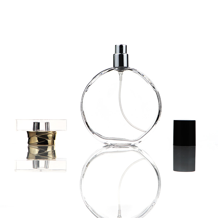 ポンプ噴霧器が付いている空の 50 ml 100 ml の平らな円形のガラス香水瓶 (3)