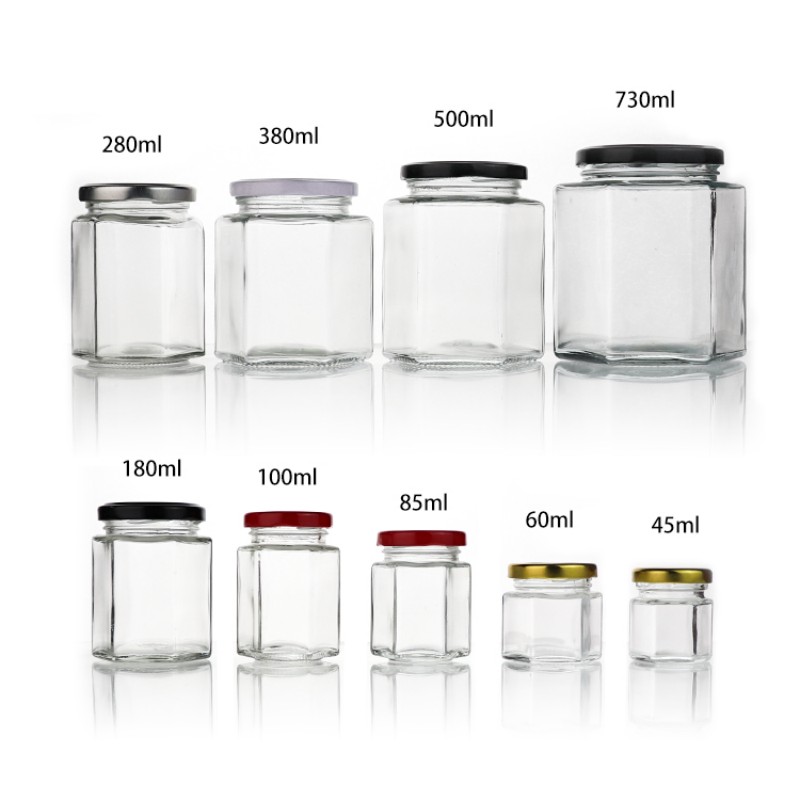 လက်ကား Hexagon Glass Honey Jar With Metal Lids Wood Lid (1)