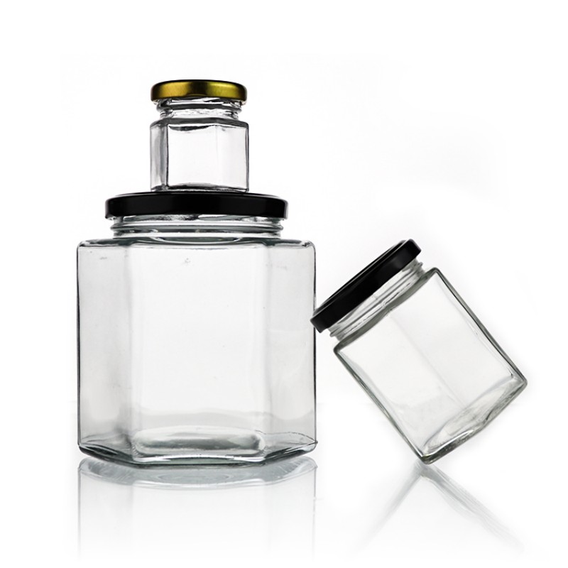 Wholesale Hexagon Glass Honey Jar With Metal Lids Wood Lid (2)