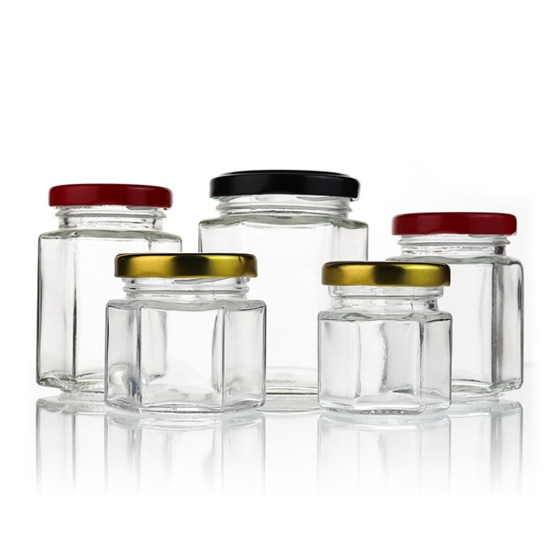 Firotanê Hexagon Glass Honey Jar With Metal Lids Wood Lid (3)